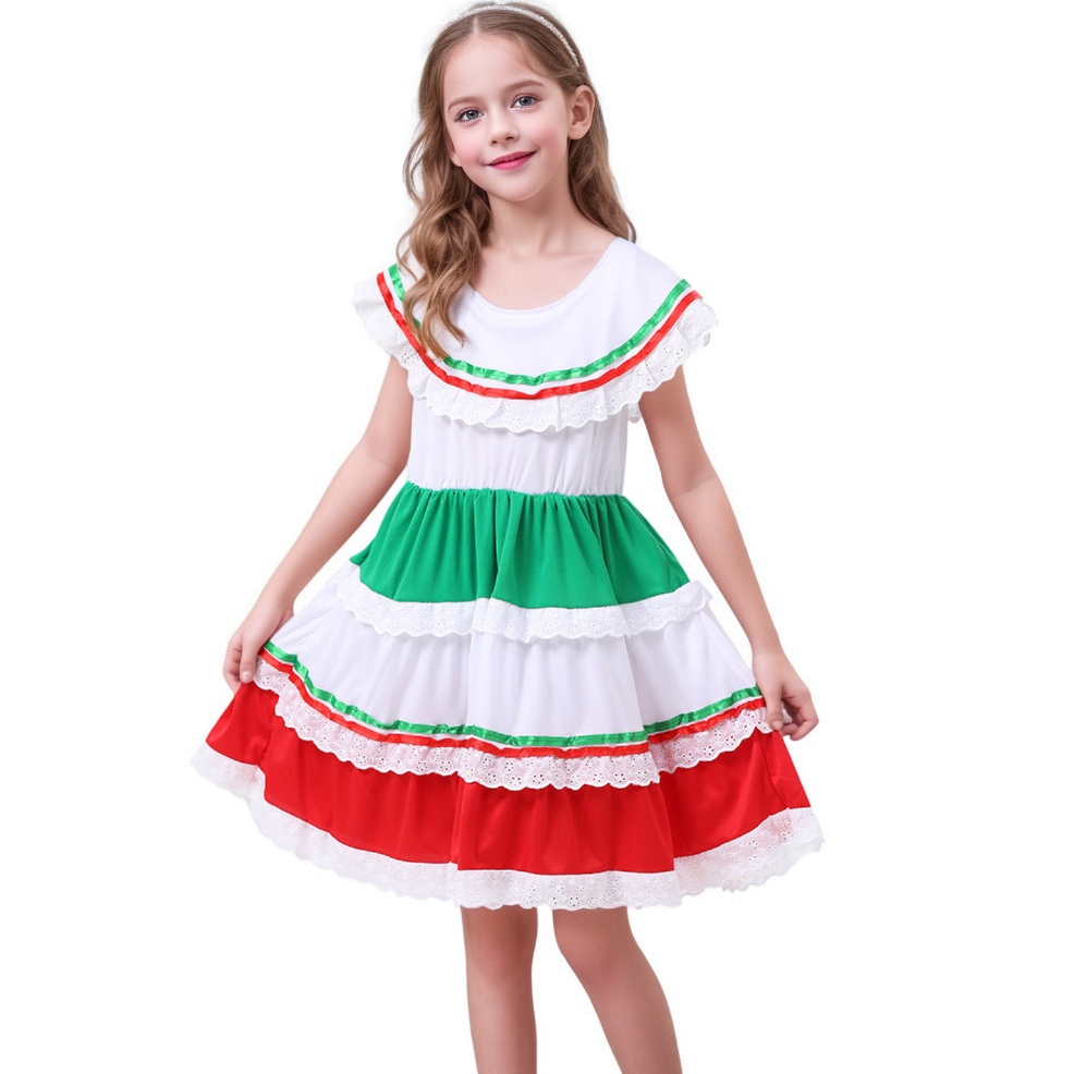 Girl Mexican Traditional Skirt Fiesta Dance Dress Christmas Costume